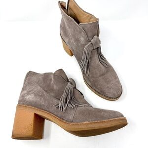 UGG AUSTRALIA Corin Taupe Suede Ankle Boot Fringe Chunky Block Heel Western